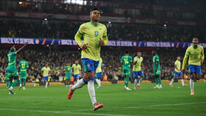 Casemiro celebrating his goal for Brazil against Senegal